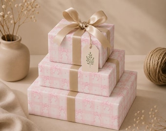 Pink Gingham Bow Wrapping Paper, Coquette Gift Wrap, Cute Bow Pattern Wrapping Paper, Aesthetic Pink Gift Wrap, Feminine Wrapping Paper