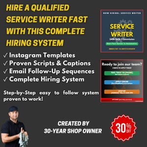 May include: Image promoting a complete hiring system for service writers. Text includes "Instagram Templates," "Proven Scripts & Captions," and "Email Follow-Up Sequences." A man in a black shirt is holding a cloth. A 30% off badge is in the corner.