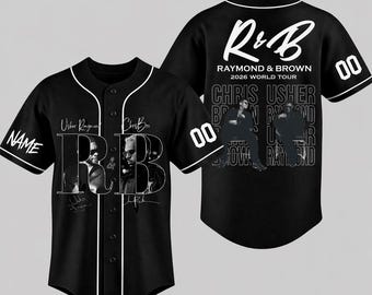 May include: A black baseball jersey featuring white piping, button-down front, and short sleeves. The front displays the text NAME, R&B, and artist names. The back features R&B, RAYMOND & BROWN 2026 WORLD TOUR, artist photos, and the number 00.