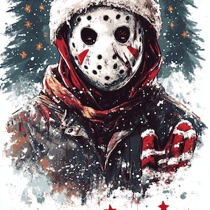 May include: Illustration of a figure wearing a hockey mask and a Santa hat, with the text "Merry Christmas" in red. The figure is set against a snowy backdrop with Christmas trees and red stars.