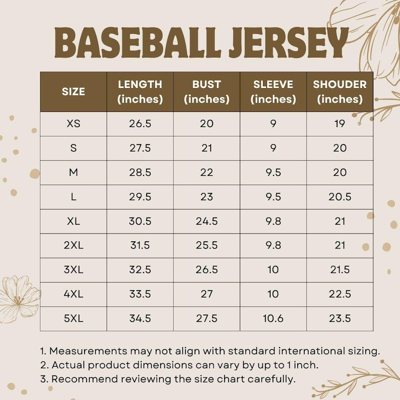 May include: A baseball jersey size chart with measurements in inches. The chart includes sizes XS to 5XL, with corresponding length, bust, sleeve, and shoulder measurements. Text at the bottom advises reviewing the chart carefully.