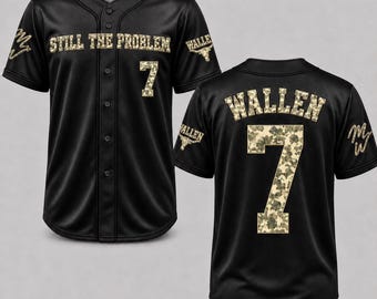 May include: Black baseball jersey with the text "STILL THE PROBLEM" and the number 7 in a camouflage pattern. The name "WALLEN" is on the back. The jersey has short sleeves and a button-up front.