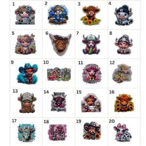 May include: A collection of twenty cow-themed decorative charms. Each charm features a unique design, including cows with hats, flowers, and text like "Farm Life" and "Nope, Not Today." The text "Y'all Craft Co." is at the top.