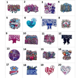 May include: A collection of 20 decorative pins with the word "NURSE" in various designs. Some pins feature bows, hearts, medical symbols, and the text "I love my patients". The pins are in various colors, including blue, pink, and white.
