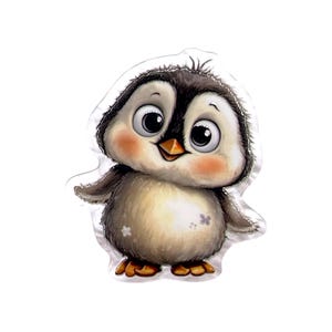 May include: A sticker featuring a cartoon penguin with large black eyes, a small orange beak, and rosy cheeks. The penguin has black and white feathers, a rounded body, and orange feet. Small white flower accents are visible on the lower belly.