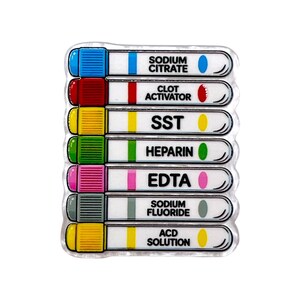 May include: A rectangular enamel pin featuring seven horizontal medical blood collection tubes with colored caps and matching labels. The labels read Sodium Citrate, Clot Activator, SST, Heparin, EDTA, Sodium Fluoride, and ACD Solution in black text.