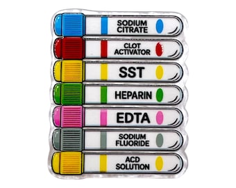 May include: A rectangular enamel pin featuring seven horizontal medical blood collection tubes with coloured caps and matching labels. The labels read Sodium Citrate, Clot Activator, SST, Heparin, EDTA, Sodium Fluoride, and ACD Solution in black text.