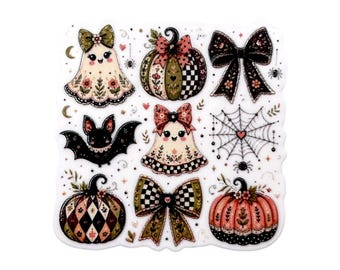May include: A sticker sheet featuring Halloween-themed illustrations including two ghosts with floral patterns, two pumpkins with checkered and diamond designs, a black bat, two decorative bows, and a spider web with a small spider.