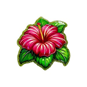 May include: A vibrant, stylized hibiscus flower with a red and white striped pattern, yellow stamen, and green leaves. The flower is outlined with a glittery green border, creating a tropical, decorative design.