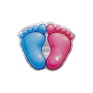 May include: A decorative item featuring two baby footprints. One footprint is light blue, the other is pink. The footprints are side-by-side, suggesting a gender reveal or baby announcement theme.