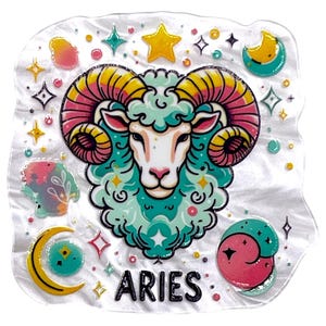 May include: A clear, textured sticker featuring the Aries zodiac sign. The design includes a ram's head with pink and yellow horns, surrounded by stars, moons, and the word "ARIES" in black. The color palette includes teal, pink, yellow, and white.