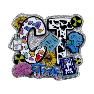 May include: A glittery pin with the letters "CT" in a cow print design, and the word "Tech" in blue. The pin features medical imagery, including a brain, X-ray, and a clipboard. Sunflowers and radiation symbols are also included.