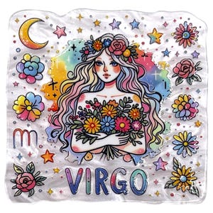 May include: A colorful Virgo-themed illustration featuring a woman with long, flowing hair adorned with flowers. She holds a bouquet of flowers, surrounded by stars, moons, and floral accents. The word "VIRGO" is displayed at the bottom.
