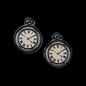 May include: Two silver-toned pocket watch earrings with white faces and black Roman numerals. The earrings have a classic, vintage design, perfect for adding a touch of elegance to any outfit. The hands of the watch are black.