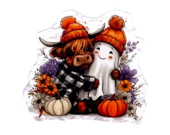 May include: A sticker featuring a brown Highland cow wearing a black and white buffalo plaid shirt and an orange knit hat, hugging a white ghost wearing a matching orange knit hat. The scene includes orange and white pumpkins and purple flowers.