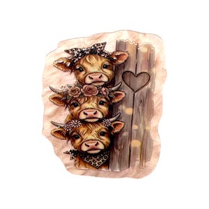 May include: A sticker featuring three stacked Highland cows next to a wooden post with a heart cutout. The top cow wears a leopard print bow, the middle cow has a floral crown, and the bottom cow wears a floral crown and a leopard print bandana.