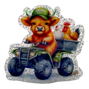 May include: A glittery sticker featuring a cartoon Highland cow wearing a green cap with "FARM BOY" printed on it, driving a green ATV. Two chickens ride in the back. The cow is brown and the chickens are white and orange.