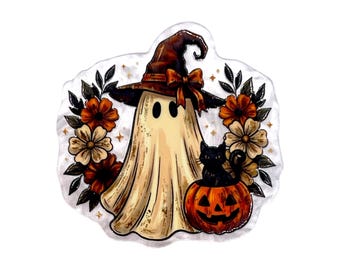 May include: A decorative sticker featuring a cream-colored ghost wearing a brown witch hat with an orange bow. The ghost is flanked by orange and beige flowers and leaves, with a black cat sitting inside an orange jack-o'-lantern pumpkin.
