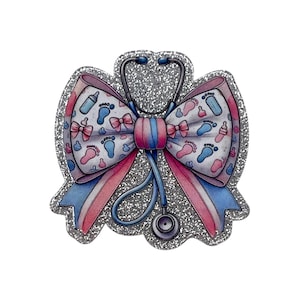 May include: A glittery badge in the shape of a bow with a stethoscope. The bow is decorated with baby footprints, bottles, and bows in pink and blue. The stethoscope is light blue and has a silver glitter border.
