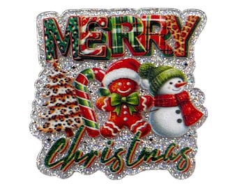 May include: A glittery decorative cutout featuring the text MERRY CHRISTMAS in bold letters. The design includes a leopard print Christmas tree, a red and white candy cane, a gingerbread person with a green bow, and a snowman with a red scarf.