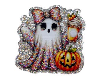 May include: A glittery sticker featuring a white ghost with large black eyes and a colorful rainbow-speckled body. The ghost wears a large patterned bow, holds a coffee cup with whipped cream, and stands next to a bright orange jack-o'-lantern.