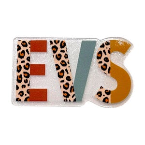 May include: A clear, rectangular pin with the letters "EVS" in a bold, colorful design. The "E" features a leopard print pattern and two rectangular orange blocks. The "V" is a muted teal color, and the "S" is a combination of leopard print and mustard yellow.