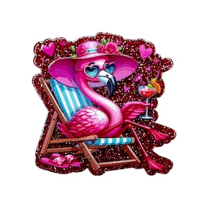 May include: A pink flamingo wearing heart-shaped sunglasses and a hat, relaxing in a beach chair. The flamingo is holding a cocktail and wearing pink sandals. The image has a glittery red border with heart accents.