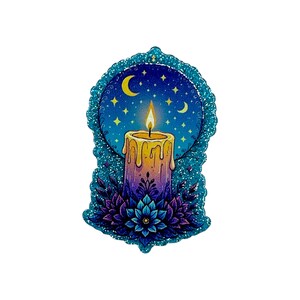 May include: A glittery sticker featuring a lit candle with melting wax, set against a dark blue night sky with a crescent moon and stars. The base of the candle is surrounded by dark purple and blue floral petals, all enclosed in a scalloped border.