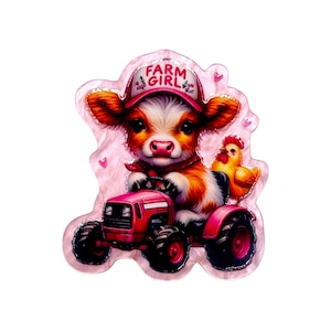 May include: A whimsical illustration of a calf driving a red tractor, wearing a pink cap with "FARM GIRL" text. A yellow chicken sits behind the calf. The background is pink with small heart shapes.