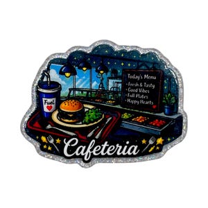 May include: A glittery, die-cut sticker featuring a cafeteria scene with a burger, a drink labeled Fuel with a heart, and a menu board listing Fresh & Tasty, Good Vibes, Full Plates, and Happy Hearts. The word Cafeteria is printed at the bottom.