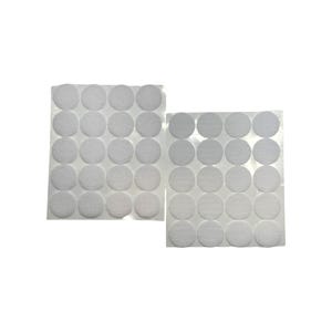 May include: Two rectangular sheets of white adhesive-backed circular fasteners arranged in a grid pattern. Each sheet contains twenty individual round white hook-and-loop fastener dots with a textured surface, presented on a clear backing film.