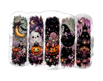 May include: A set of five rectangular stickers featuring Halloween themes including a crescent moon with bats, a ghost holding a pumpkin, a pumpkin with candy, a black cat wearing a witch hat, and a dark castle, all in purple and orange tones.
