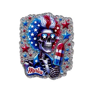 May include: A glittery sticker featuring a skeleton with patriotic hair and sunglasses, holding a red, white, and blue popsicle. The skeleton wears a blue jacket with stars and the word "Merica" is written on the bottom.