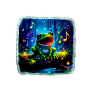 May include: A vibrant, square-shaped image features a singing green frog perched on a log. The frog has a wide open red mouth, with musical notes and a forest background. The image has a light blue border.
