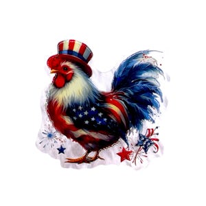 May include: A patriotic rooster illustration with red, white, and blue colors. The rooster wears a top hat and has a body painted with the American flag design. Fireworks and stars are also included in the design.