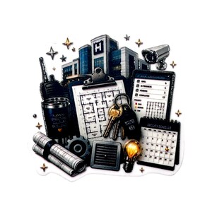 May include: A sticker featuring a building with an H logo, a clipboard with a floor plan, a security camera, a walkie-talkie, a tumbler, a set of keys labeled Master Key, a gear, a vent cover, a lightbulb, and a facility schedule calendar.