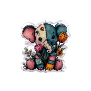 May include: A whimsical illustration of a patchwork elephant with large, expressive eyes. The elephant is a mix of teal and cream colors, adorned with floral accents and surrounded by colorful flowers and foliage. The design has a cute, handmade aesthetic.