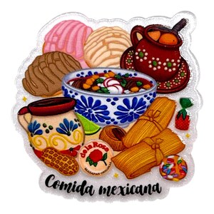 May include: A colorful illustration of Mexican food, including conchas, a bowl of soup, tamales, and a mug of hot chocolate. The words "Comida mexicana" are written in black script at the bottom.