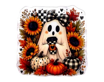May include: A square sticker featuring a white ghost wearing a black and white buffalo check bow, holding a matching coffee cup. The ghost is surrounded by orange sunflowers, autumn leaves, and three pumpkins with polka dot and plaid patterns.