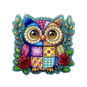 May include: A colorful owl-shaped sticker with a patchwork design. The owl features blue, brown, purple, and yellow sections, with large, detailed eyes. Red roses and green foliage frame the owl, set against a white background.