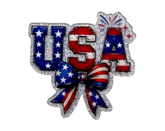 Patriotic Bow Acrylic Flatback – Red White Blue Ribbon