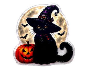 May include: A sticker featuring a black cat wearing a purple witch hat with a buckle, sitting next to an orange jack-o'-lantern. The background shows a full moon with silhouettes of flying bats. The design has a clear border around the edges.