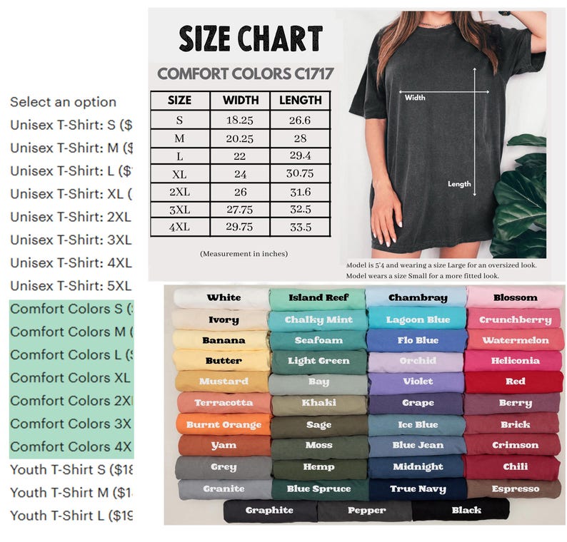 Puede incluir: Tabla de tallas para camisetas unisex Comfort Colors C1717, con medidas en pulgadas. La tabla incluye tallas S a 4XL, junto con una paleta de colores con varios tonos como blanco, negro y azul. Una modelo lleva una talla Large.