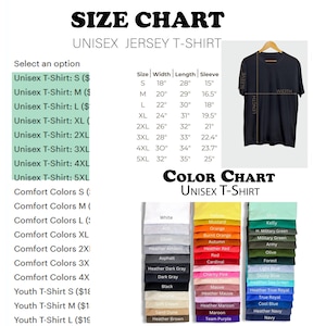 Puede incluir: Tabla de tallas y colores para una camiseta unisex de punto. Las tallas van de la S a la 5XL, con medidas en pulgadas para ancho, largo y manga. La tabla de colores muestra opciones como blanco, negro y azul marino, entre otros tonos.