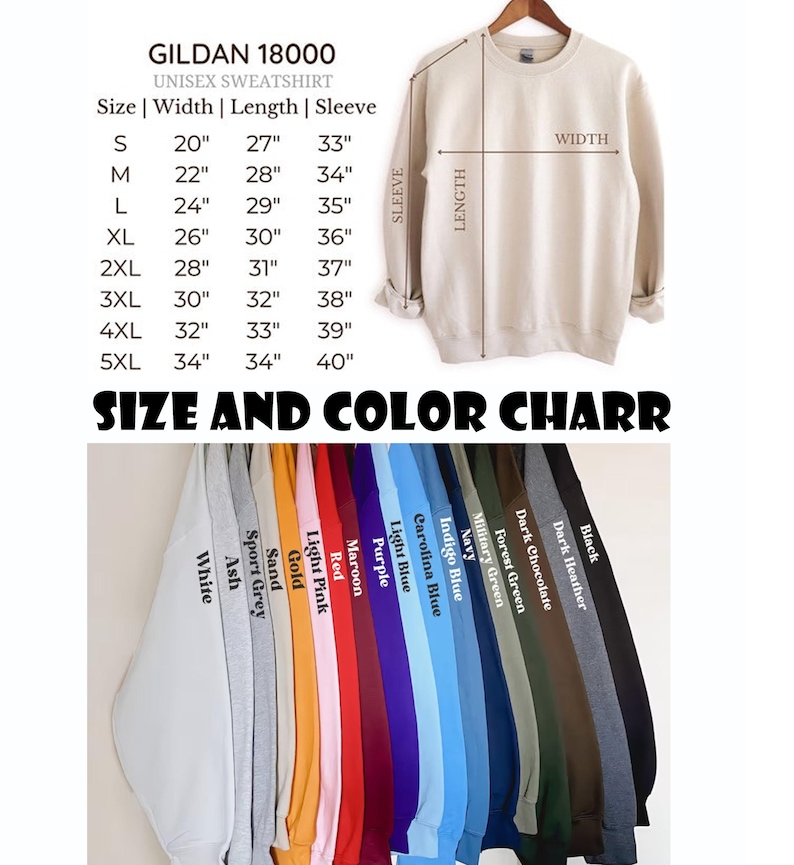 Puede incluir: Una sudadera unisex Gildan 18000 beige cuelga de una percha de madera. La imagen incluye una tabla de tallas con medidas en pulgadas y una tabla de colores con varios colores de sudaderas, incluyendo blanco, negro y marino.