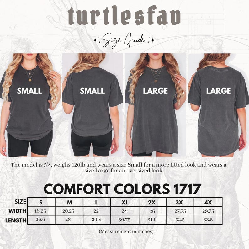 Puede incluir: Una gu&iacute;a de tallas para camisetas Comfort Colors 1717. La imagen muestra modelos que usan las camisetas en tallas Small y Large. La tabla de tallas muestra las medidas en pulgadas (aprox. cm) para las tallas S a 4X, incluyendo ancho y largo.