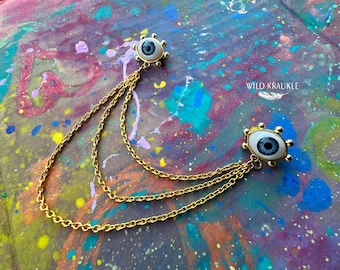 Gold Plated Blue Eye Brooch – Handmade Chain Collar Jewelry
