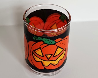 Vintage Jack O Lantern Votive Holder, Candle Holder, Glass, Tea Light Holder, Orange Pumpkins, Vintage Halloween Decor, Hallmark