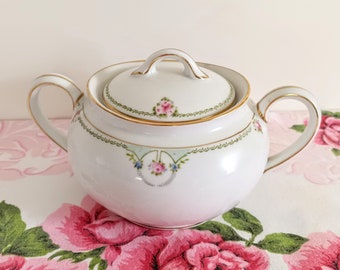 Large Noritake Sugar Bowl, Lidded Sugar Dish, Made in Japan, Pink Roses, Hand Painted, Two Handles