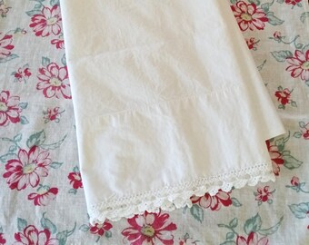 Vintage Cotton Lace Edge Pillowcase, Handmade Lace Edge, White Cotton, White Bedding, Victorian, Shabby Chic, French Country